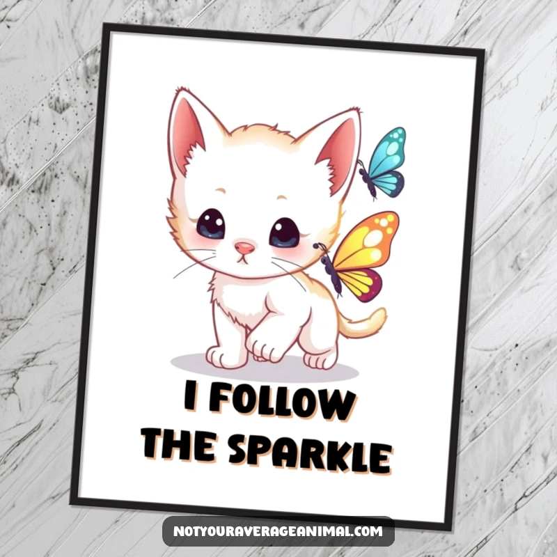 Funny curious kitten playfully chasing a shimmering butterfly, creating a whimsical and adorable digital art print.