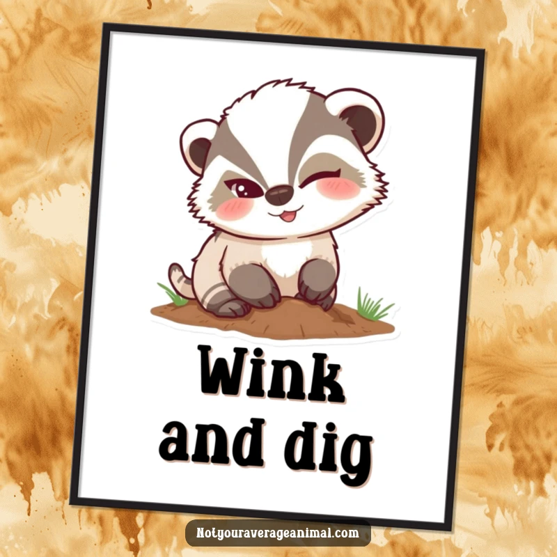 Funny mischievous badger digital art print of a character winking while digging, instant humorous decor.