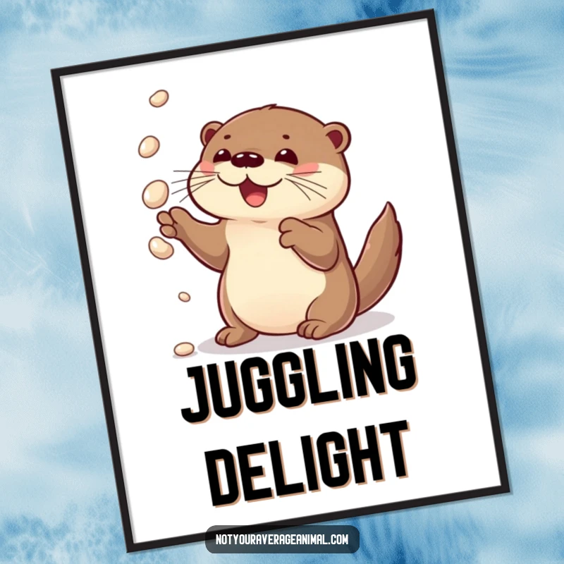Funny digital art print of a curious otter joyfully juggling shiny pebbles, embodying playful delight.