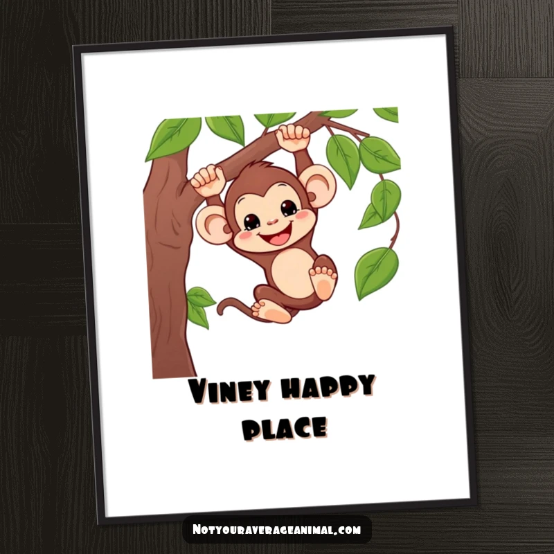 Funny digital art print of a silly monkey swinging from a vine with a joyful grin, creating a humorous and energetic visual.