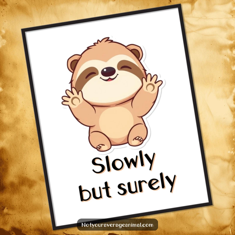 Funny digital art print of a joyful sloth character waving hello, perfect for instant cheerful wall decor.