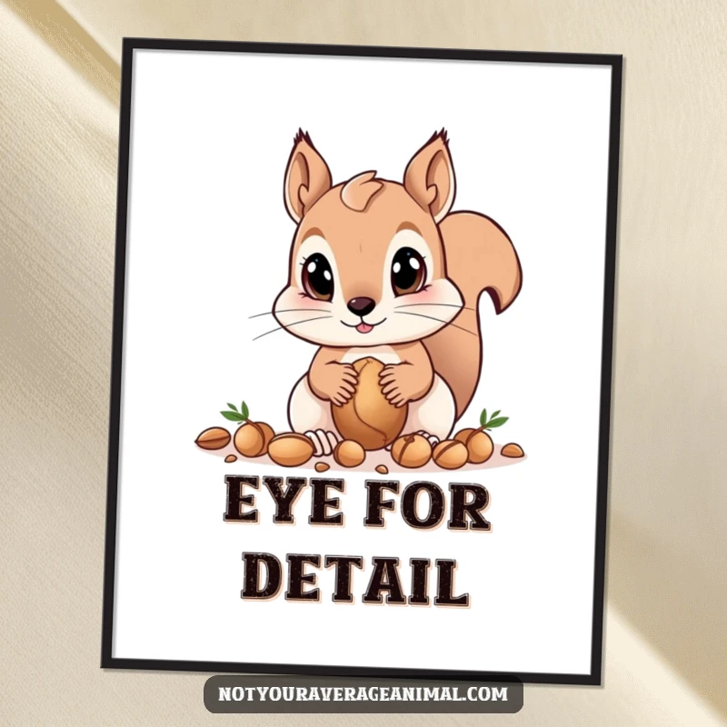 Funny squirrel digital art print of a curious squirrel with big eyes gathering nuts, offering adorable and humorous woodland-themed decor.