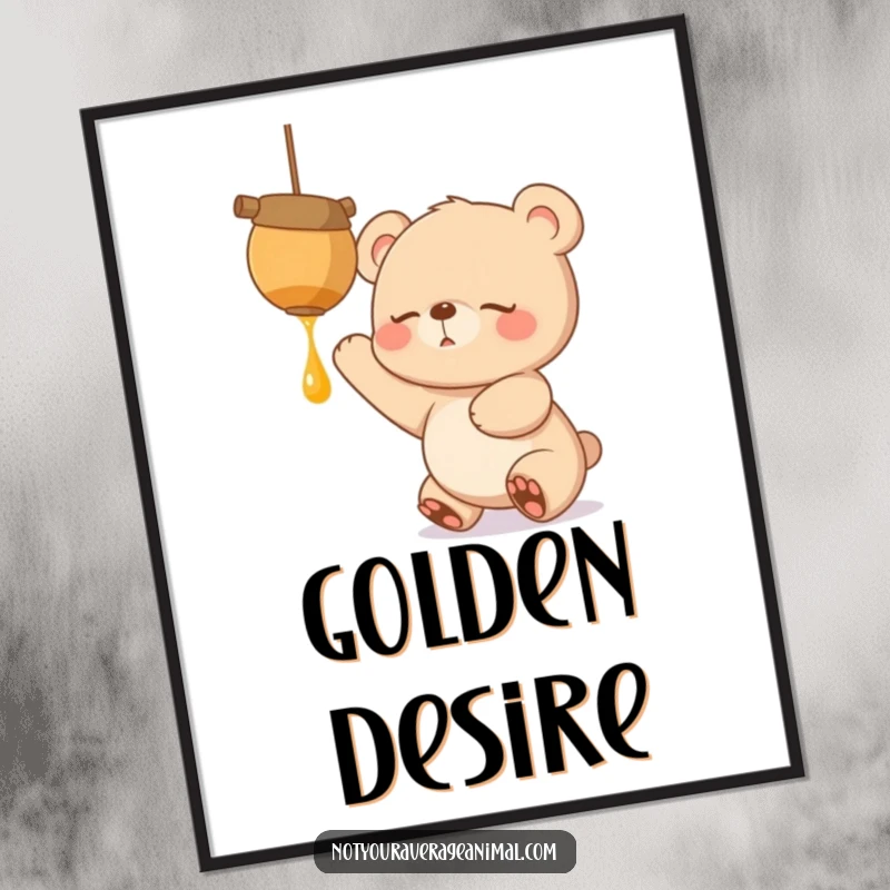 Funny digital art print of a sleepy bear cub with eager eyes, reaching excitedly for a dangling honeypot, capturing a moment of sweet desire.