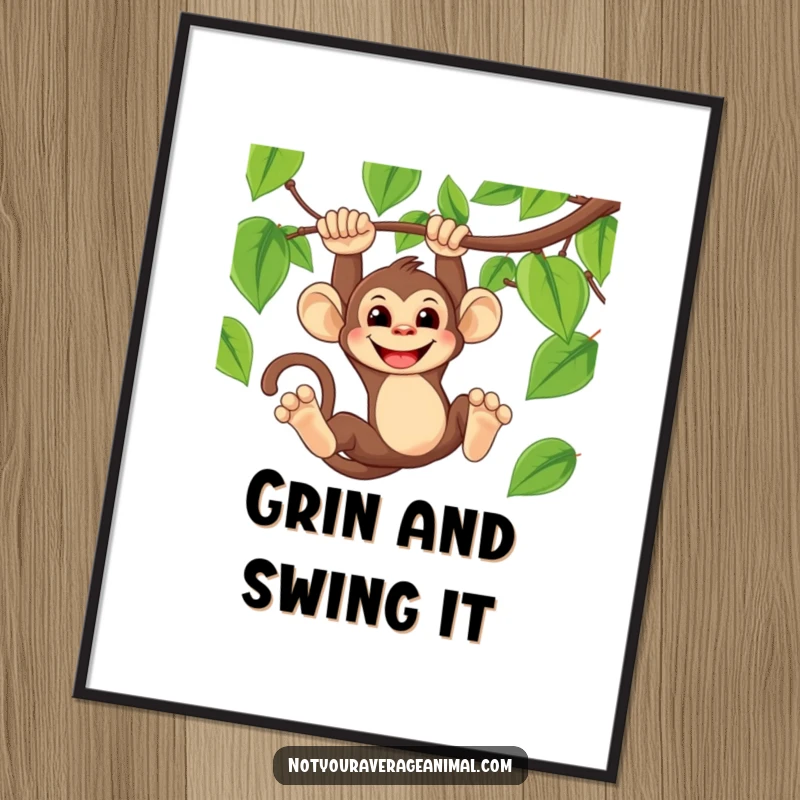Funny digital art print of a mischievous monkey grinning widely while swinging from a jungle vine.