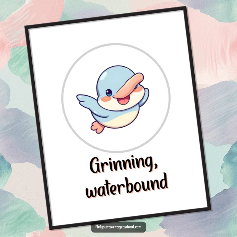 Funny digital art print of a goofy platypus character swimming with a big smile, perfect for instant aquatic decor.