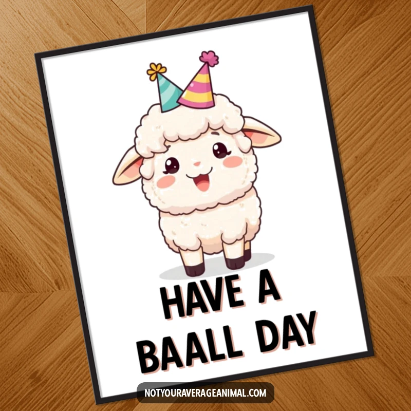 Funny sheep digital art print of a fluffy sheep wearing a party hat and bleating cheerfully, adding animated festive joy to digital decor.