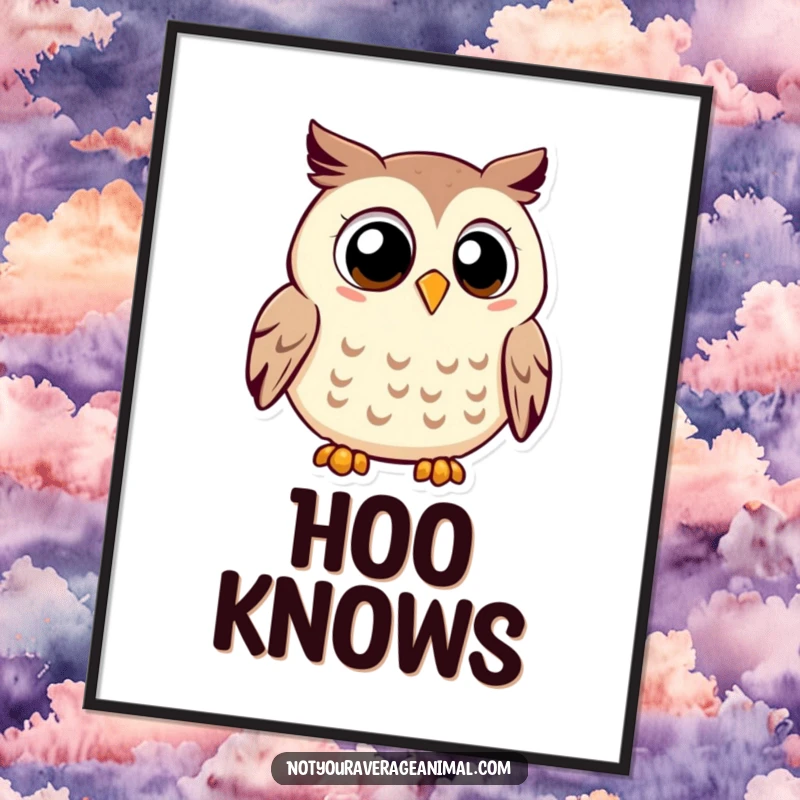 Funny owl digital art print of a smiling owl with large eyes, peacefully hooting contentedly.