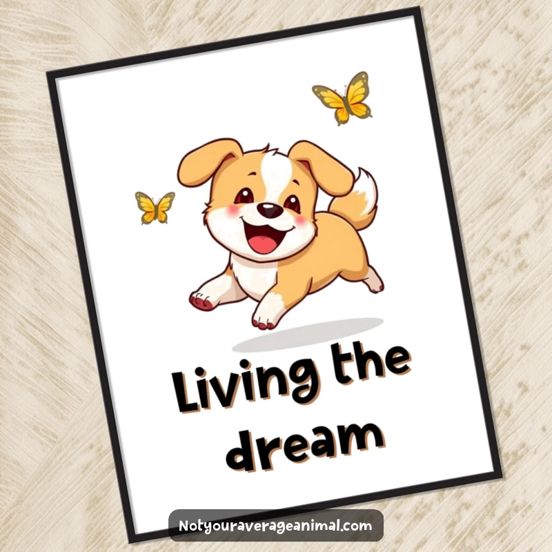 Funny digital art of a happy dog with a wagging tail, enthusiastically chasing a butterfly, capturing pure canine bliss.