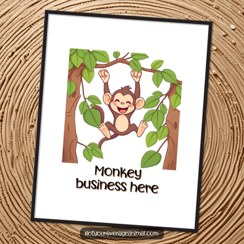 Funny monkey digital art print of a mischievous primate swinging from a vine, giggling heartily, perfect for instant jungle charm.