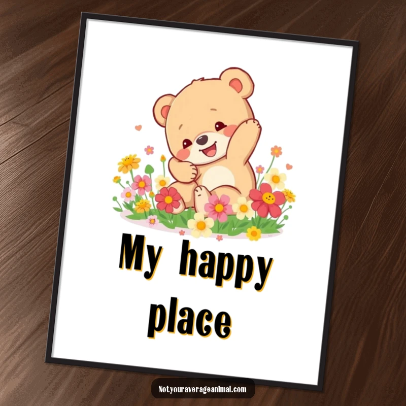 Funny Bear Cub Digital Art: A happy bear cub tumbles through a patch of bright flowers, perfect for instant, joyful wall decor.