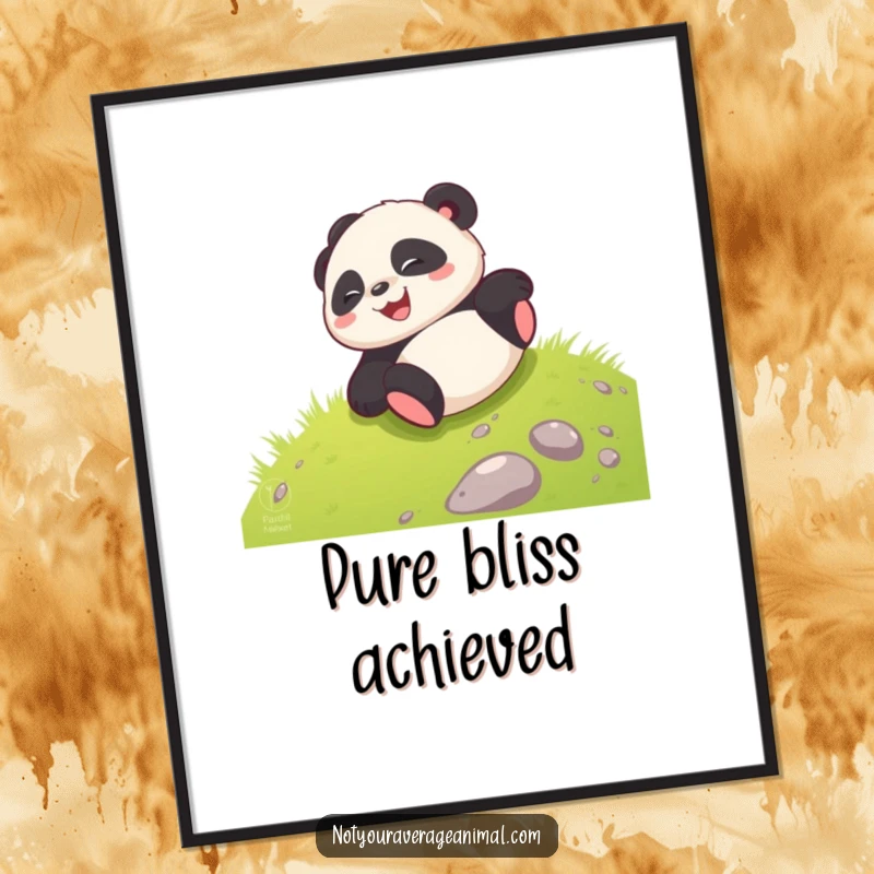 Funny giggling panda cub joyfully rolling down a grassy hill, creating a joyful and adorable digital art print.