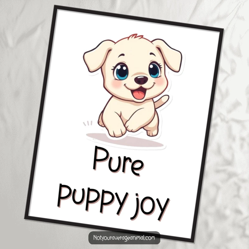 Funny puppy digital art print of a small dog with wide, excited eyes, comically chasing its tail, perfect for instant charm.