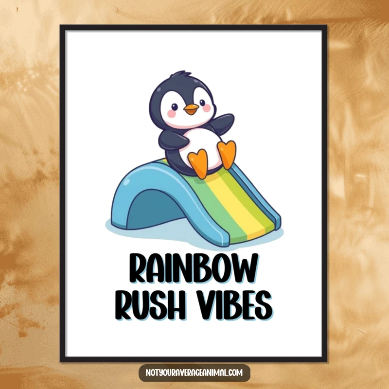 Funny digital art print of a delighted penguin sliding down a colorful rainbow, capturing a moment of sheer fun.