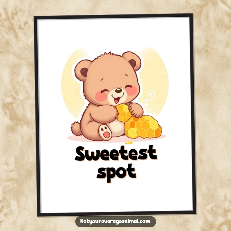 Funny bear cub digital art print of a cub giggling gleefully while playing with a dripping honeycomb.