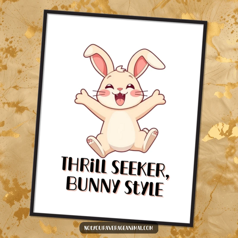 Funny digital art print of an overjoyed bunny mid-air, ears comically flopped, perfect for instant download and adding cheerful energy.