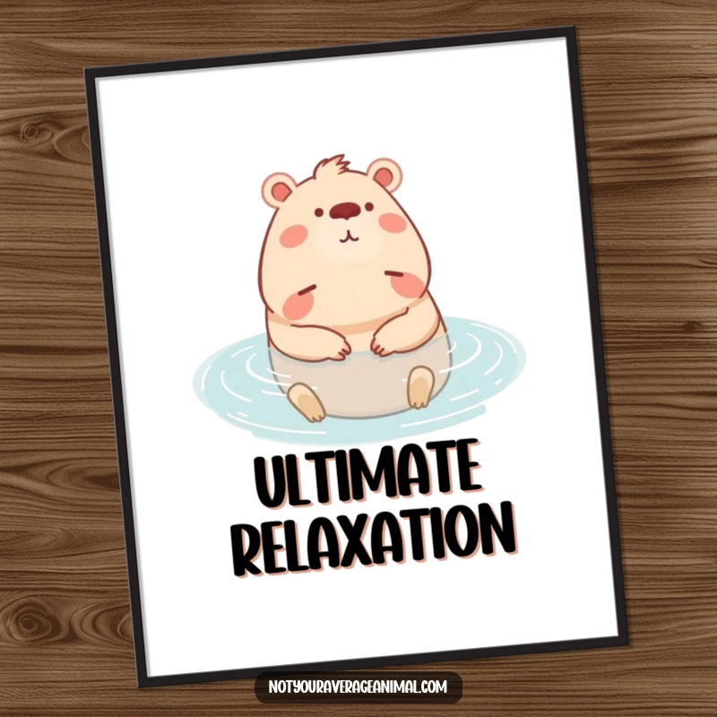 Funny digital art print of a content capybara character relaxing in water, perfect for instant tranquil decor.