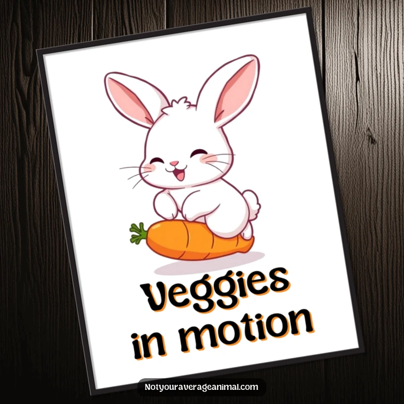 Funny digital art print of a fluffy rabbit with big ears, joyfully hopping over a comically bouncing carrot, symbolizing pure happiness.