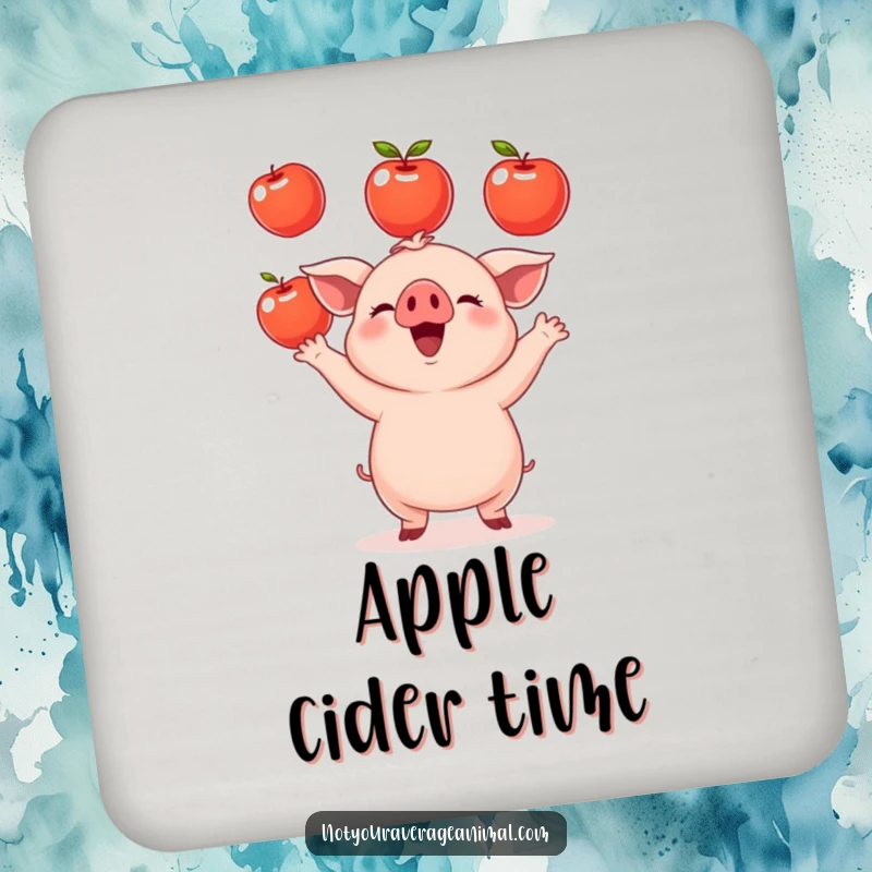 Funny small round piglet drink coaster showing a happy piglet juggling shiny apples, providing table protection with farm humor. Home accessory.