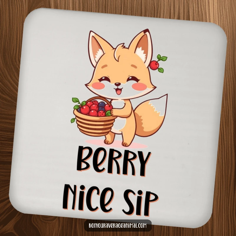 Funny Fox Drink Coaster showcasing a cheerful fox character holding a basket of berries, bringing rustic humor to drinks.