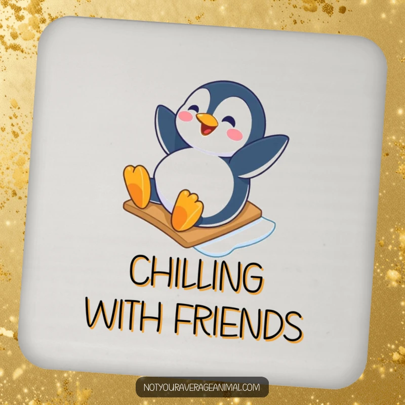 Funny drink coaster with a happy penguin character sliding down an icy slope with joy, adding cool protection to surfaces.