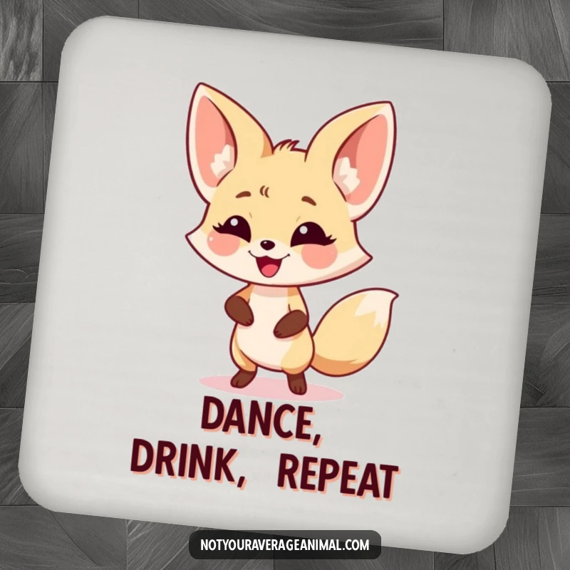 Funny fennec fox coaster with a smiling, dancing character and large ears, protecting surfaces with a touch of fun.