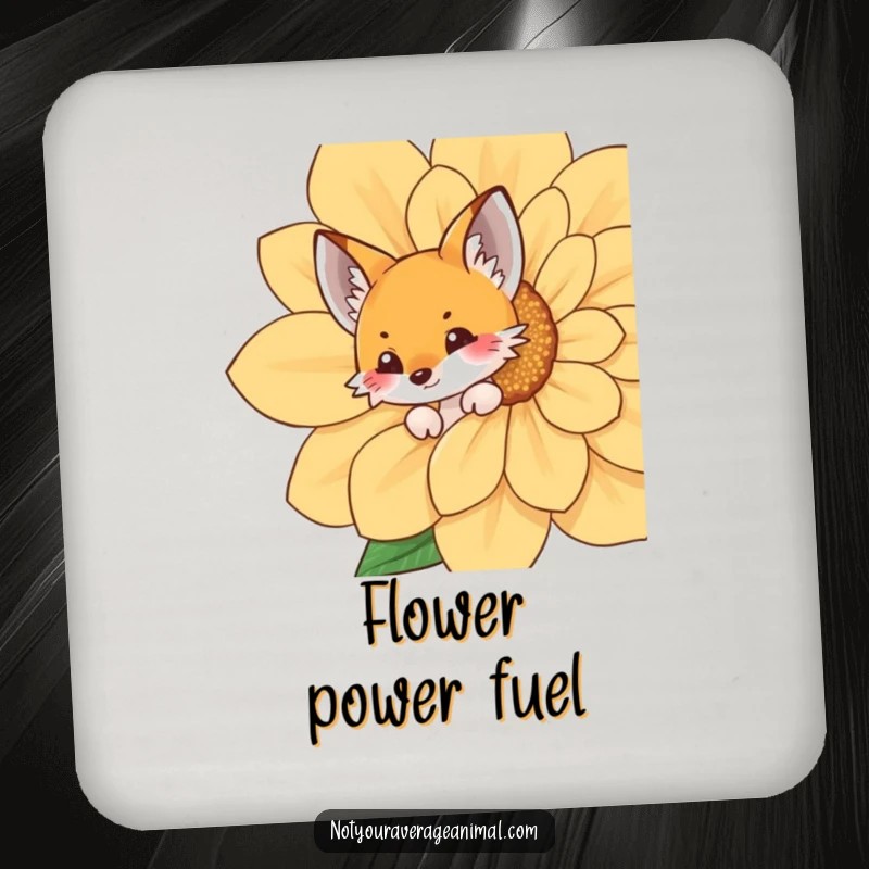 Funny fox drink coaster with a playful fox peeking from behind a large flower, offering surface protection with a whimsical design.