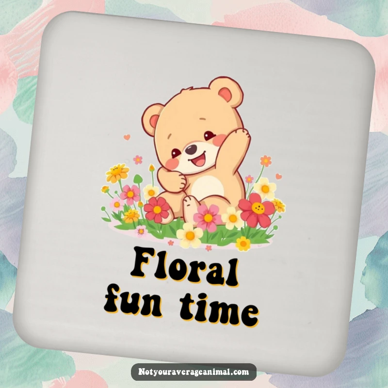Funny Bear Cub Coaster: A happy bear cub tumbles in bright flowers, offering stylish and humorous protection for your drinks.