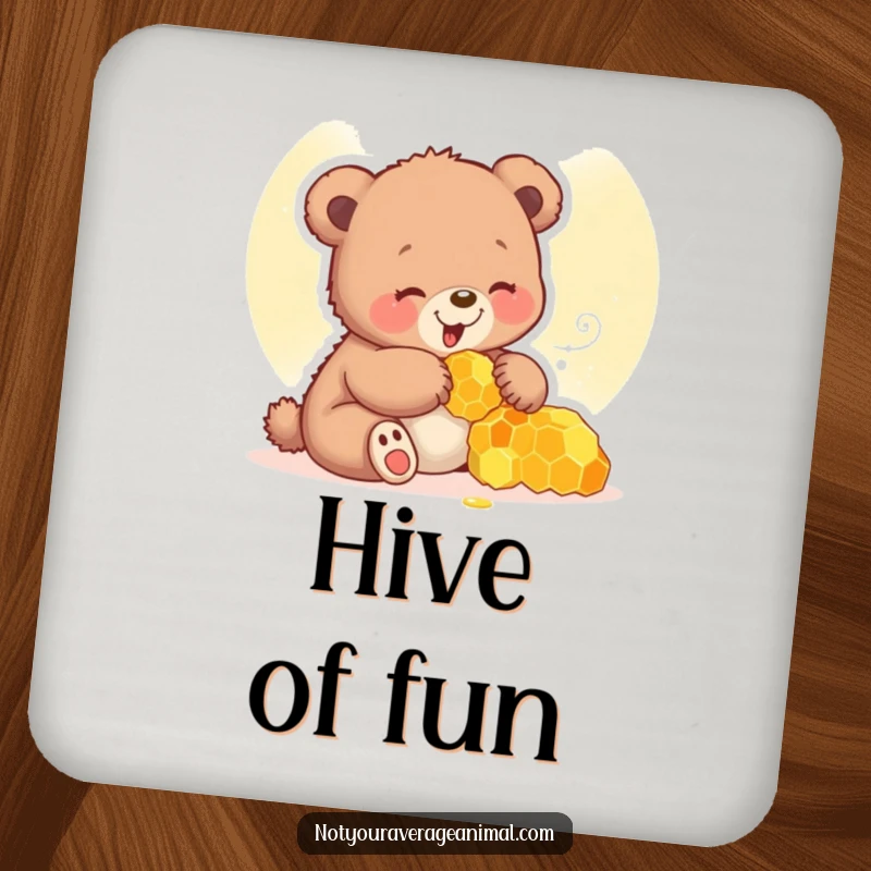 Funny bear cub coasters featuring a giggling cub playing with a honeycomb, adding sweetness to drink service.