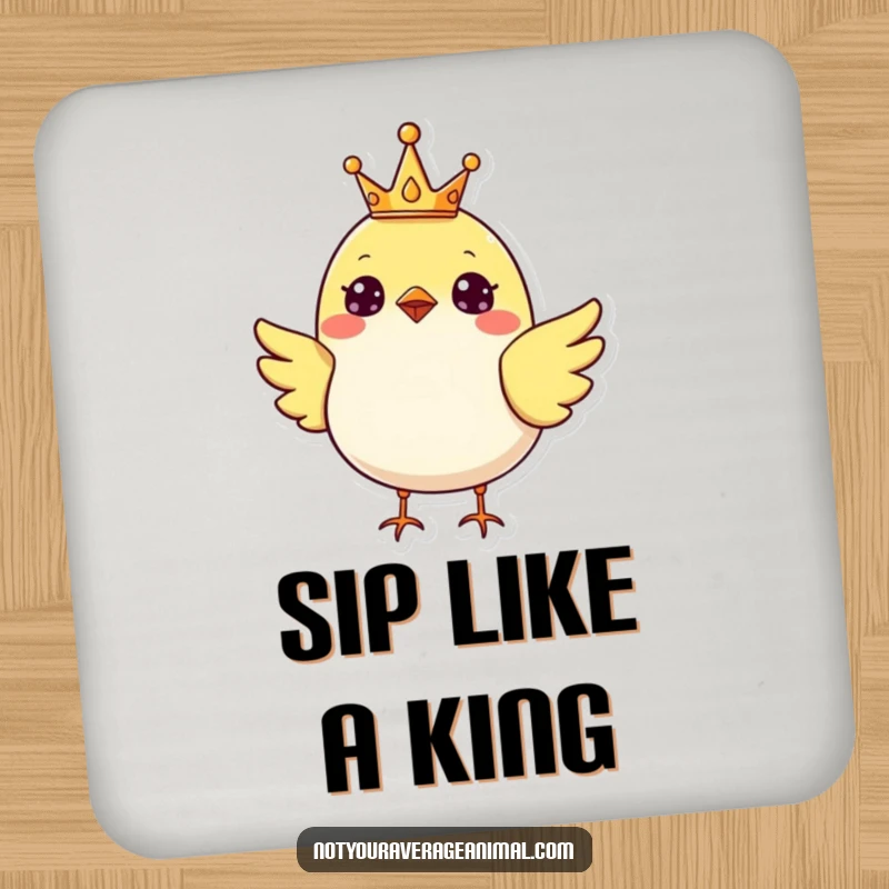 Funny cheerful bird wearing a tiny crown, depicted on a protective drink coaster.