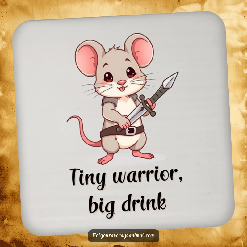 Funny Mouse Coaster: A brave little mouse stands tall, holding a minuscule sword, guarding your drinks with courage.