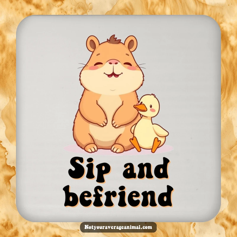 Funny drink coaster: A giggling capybara sits peacefully beside a tiny duck.