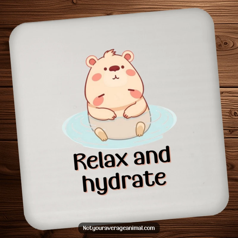 Funny drink coasters featuring a content capybara character relaxing in water, adding serene charm to tabletops.