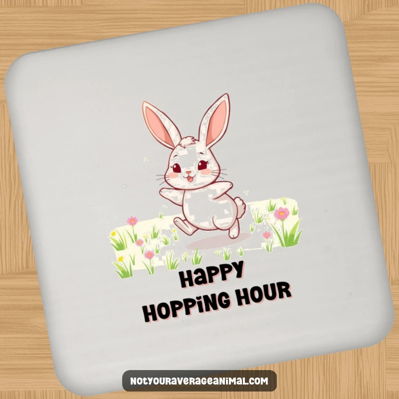 Funny drink coaster depicting a cheerful rabbit with long ears, hopping through a field, adding a humorous, natural touch.