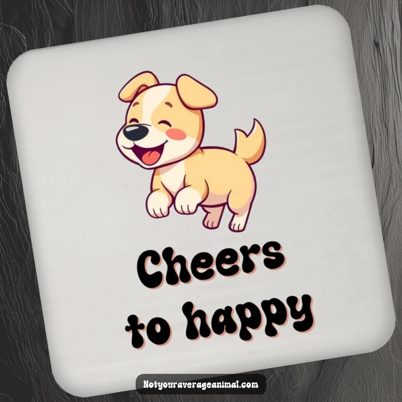 Funny dog coaster featuring a happy dog wagging its tail and barking, protecting furniture.