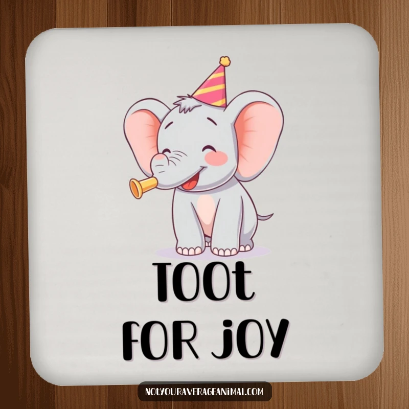 Funny drink coaster with a happy elephant blowing a party horn, adding a festive touch to any table.