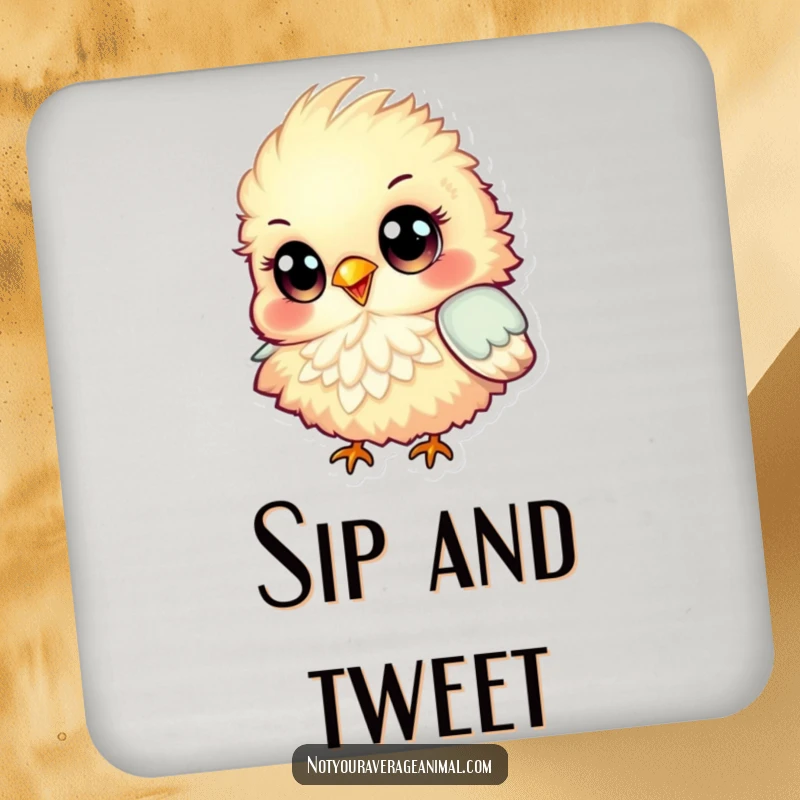 Funny Drink Coasters featuring a fluffy, colorful bird with big eyes, happily chirping, protecting surfaces with cheerful style.