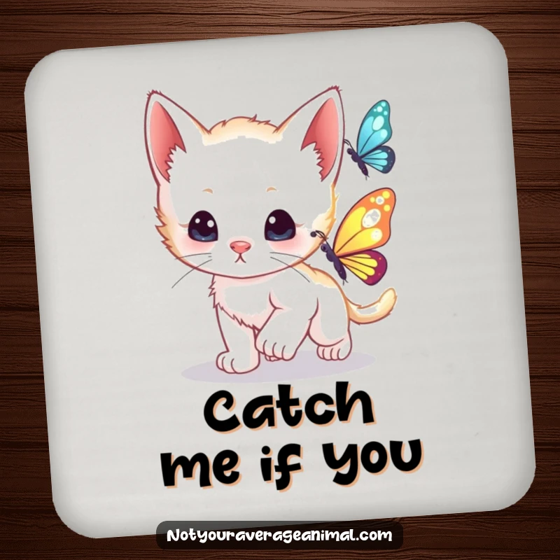 Funny curious kitten playfully chasing a shimmering butterfly, depicted on a protective drink coaster.