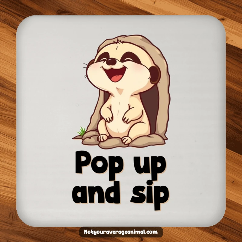 Funny laughing meerkat coaster showing a character popping head out of burrow laughing, adding humorous surface protection.