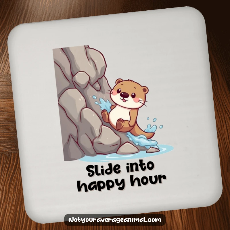 Funny drink coaster: A playful otter slides down a rocky slope, making a splash.
