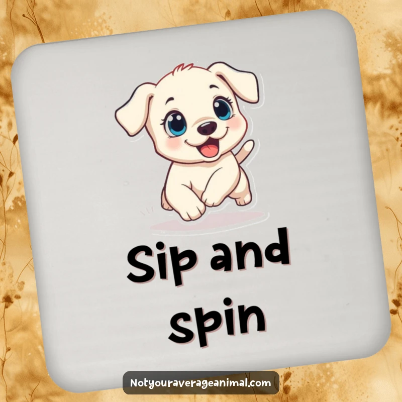 Funny puppy coaster featuring a small dog with wide, excited eyes, comically chasing its tail, protecting surfaces with humor.