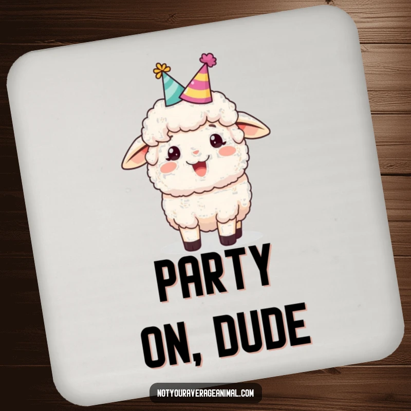 Funny sheep drink coaster illustrating a fluffy sheep in a party hat cheerfully bleating, protecting surfaces with animated festive charm.
