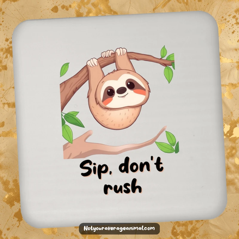 Funny drink coaster: A smiling sloth hangs upside down, adding a relaxed vibe to your drink.