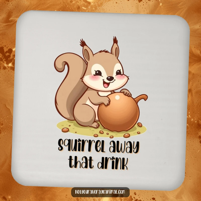 Funny drink coaster with a smiling squirrel burying a giant acorn, adding a touch of playful protection to any table.
