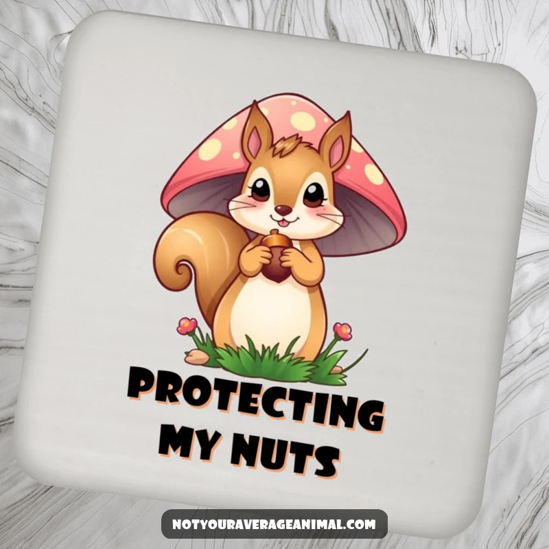 Funny Squirrel Coaster: A curious squirrel peeks from a mushroom, offering stylish and humorous protection for your drinkware.