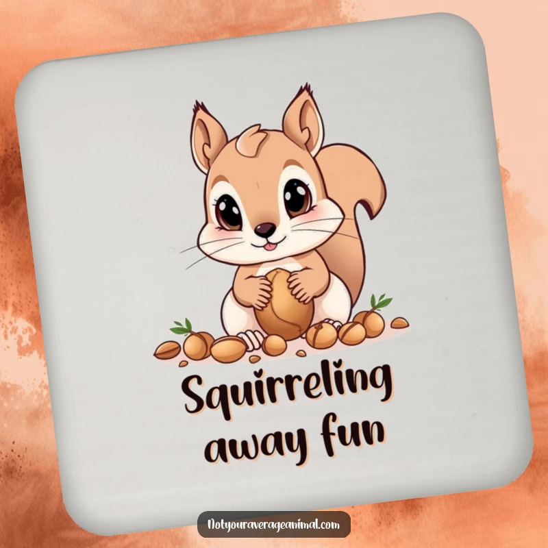 Funny squirrel drink coasters with big eyes as a curious squirrel gathers nuts, offering humorous and protective surface decoration.
