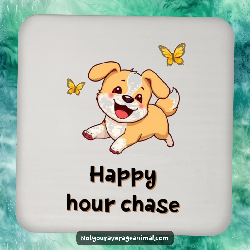 Funny drink coaster depicting a happy dog with a wagging tail, joyfully chasing a butterfly, adding a humorous touch.