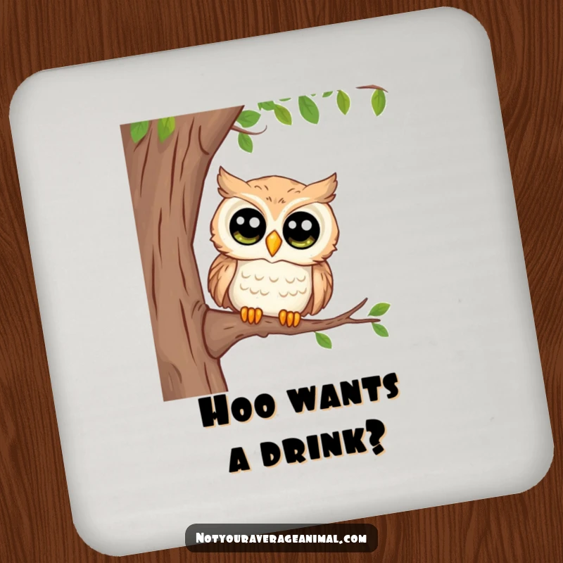 Funny drink coaster with a curious owl and big eyes peeking from a branch, adding wise protection to any table.