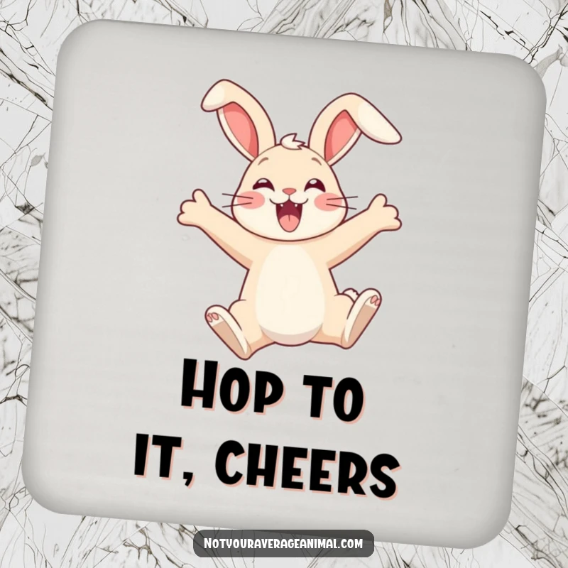 Funny drink coaster with a thrilled bunny leaping, ears flopped, adding a touch of playful protection to any table.