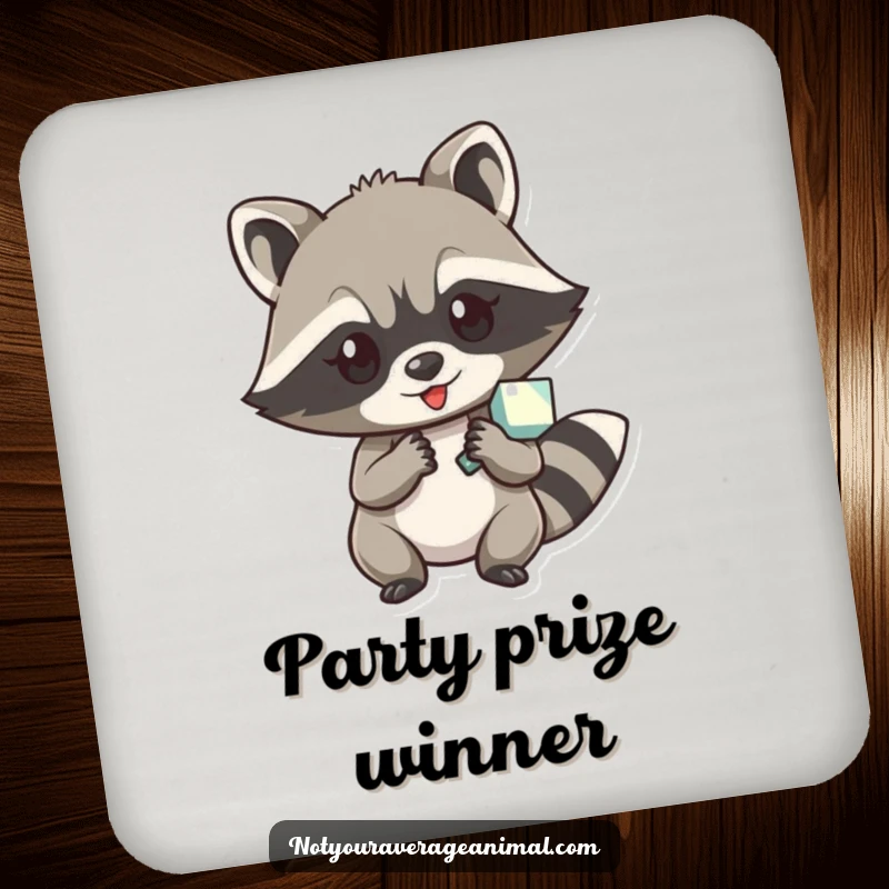 Funny drink coasters featuring a mischievous raccoon character holding a shiny object, adding playful flair to tabletops.