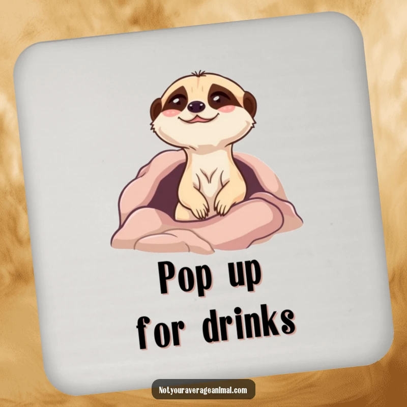 Funny meerkat coaster with a giggling character emerging from its burrow, protecting surfaces with a touch of humor.